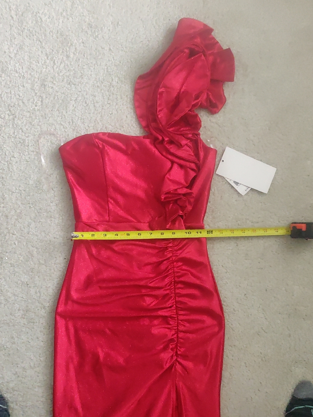 New!Red One-Shoulder Ruffled Evening Gown Fitted Ruffle Front Slit Y2K Cottageco - Picture 8 of 12
